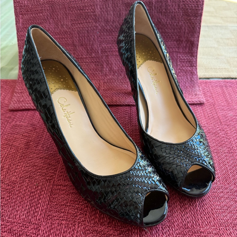 Cole Haan Black Woven Peep Toe Heels